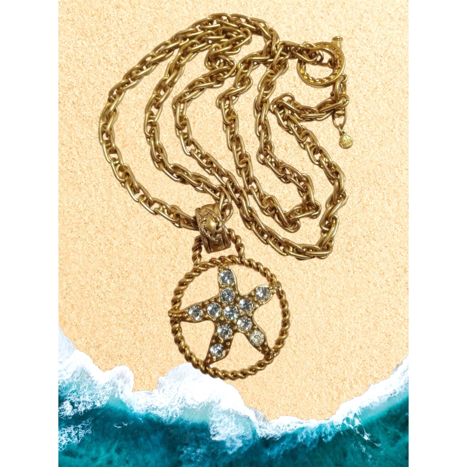 Vtg Signed Cabi Starfish Medallion Sea Star Rhinestone Rope Long Necklace 32